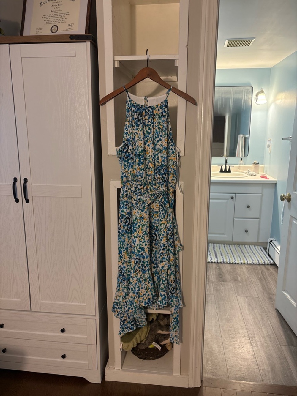 London Times White Floral-Printed Halter Dress with Teal and Yellow Accents - Picture 3 of 9